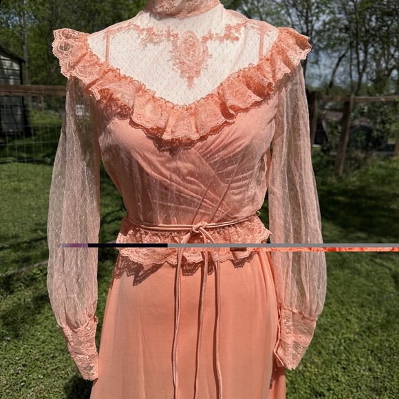 The Unbranded Brand Dresses & Skirts - Vtg 70s Peach Lace Maxi Dress Sheer Sleeve Prairie Romantic Union Made Victorian